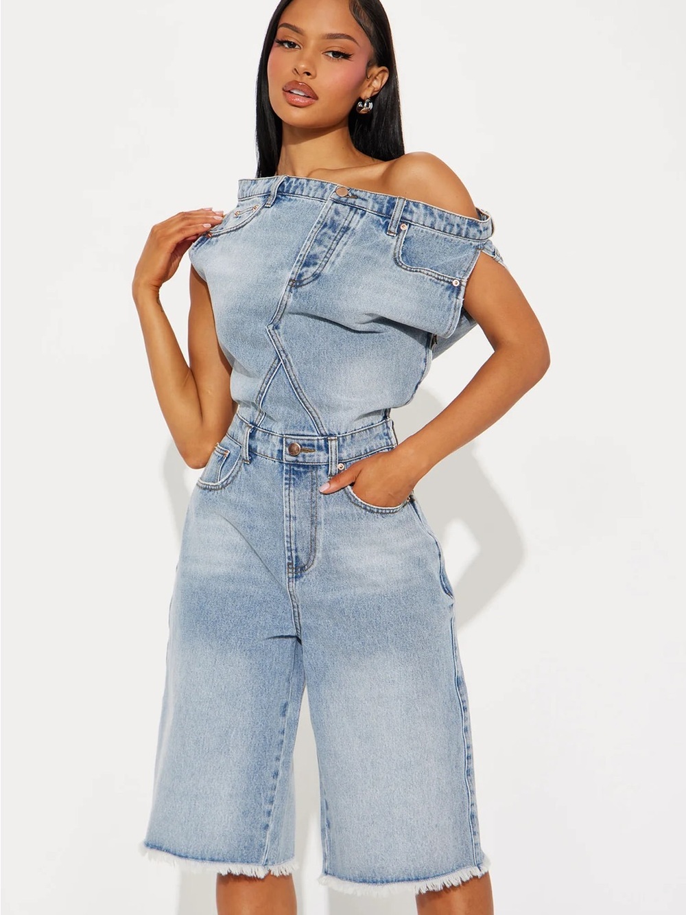 Light Blue Off-Shoulder Denim Bermuda Jeans- S - New